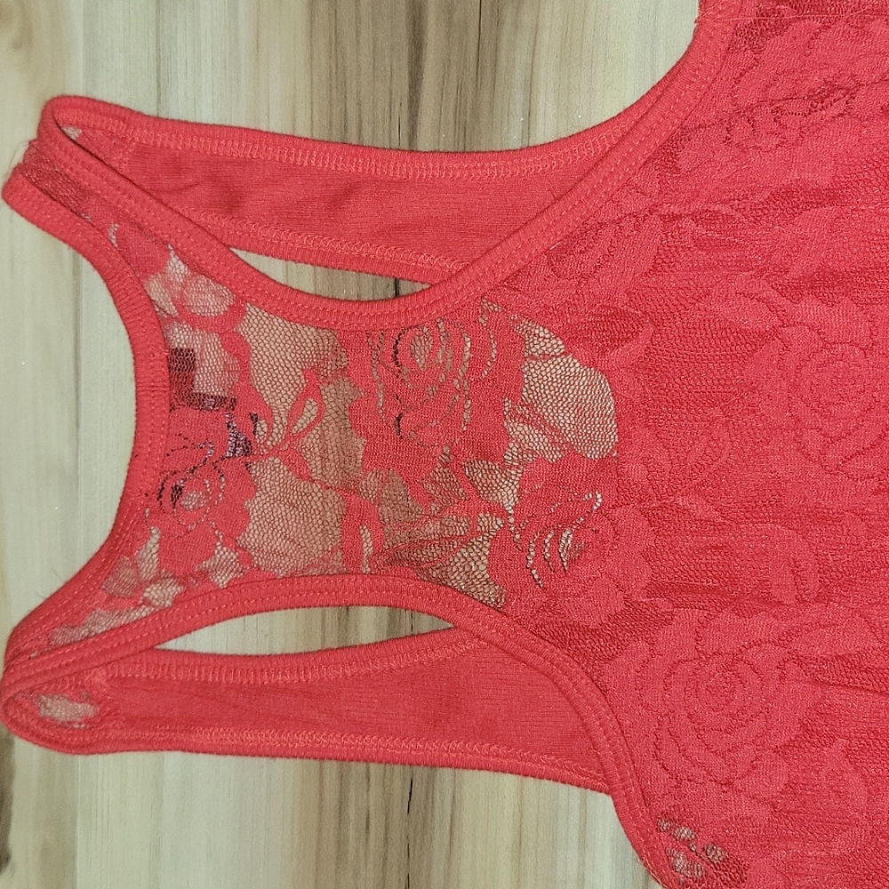 Red Ribbed With Lace See Thru Back Tank Top - Picture 6 of 9